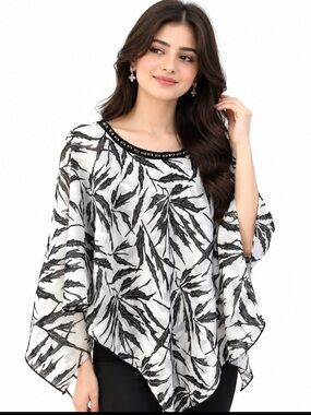 Black & White Leaf-Print Poncho Tunic with Studded Neckline
